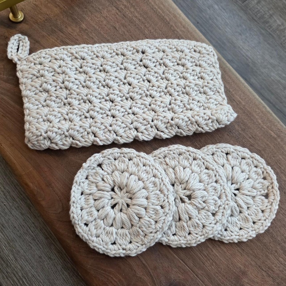 Handmade Ivory Crochet Face Scrubbies Coasters Washcloth Set 4pc Cotton Cream
